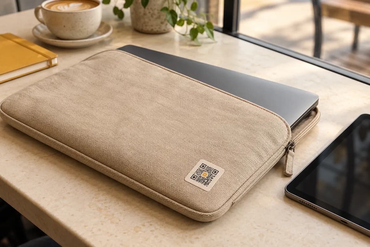 QR etiketli kanvas laptop kılıfı ve tablet